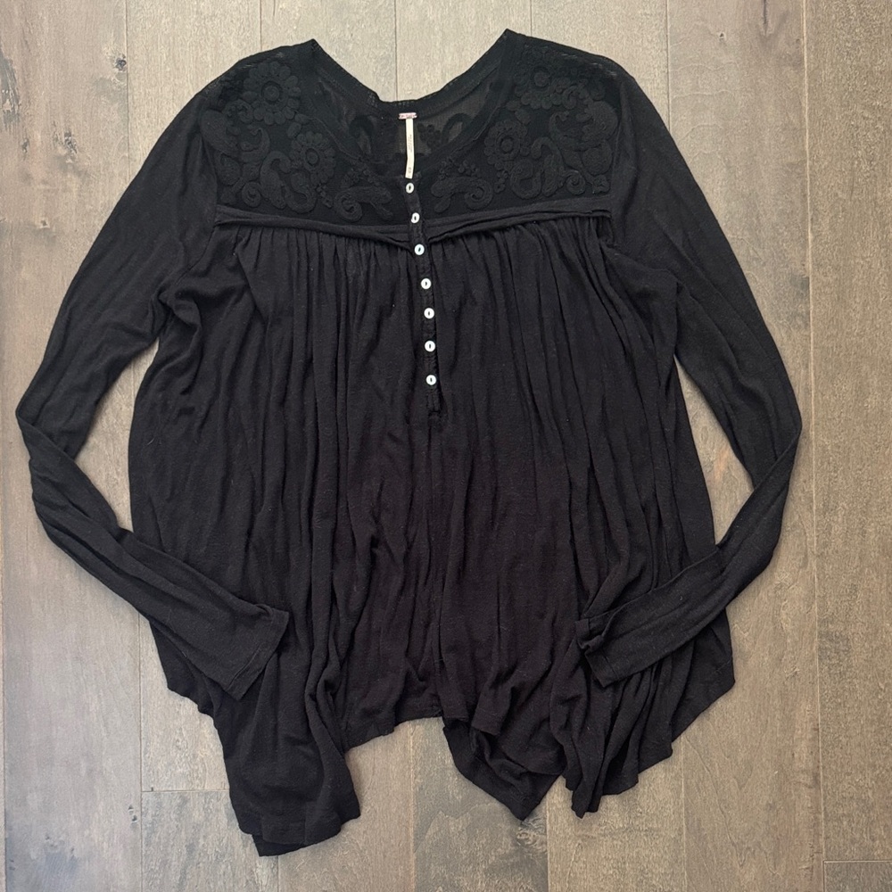 Free People Black Embroidered Boho Blouse Flowy Peasant Top
